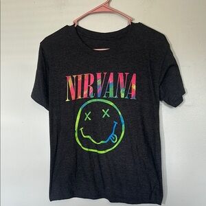 NEW Nirvana Heather charcoal tie dye logo Graphic band tee‎ smiley